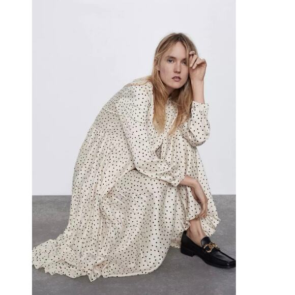 Zara Off White Black Polka Dots Crew Neck Long Sleeve A Line Maxi Dress Size M - Picture 1 of 12